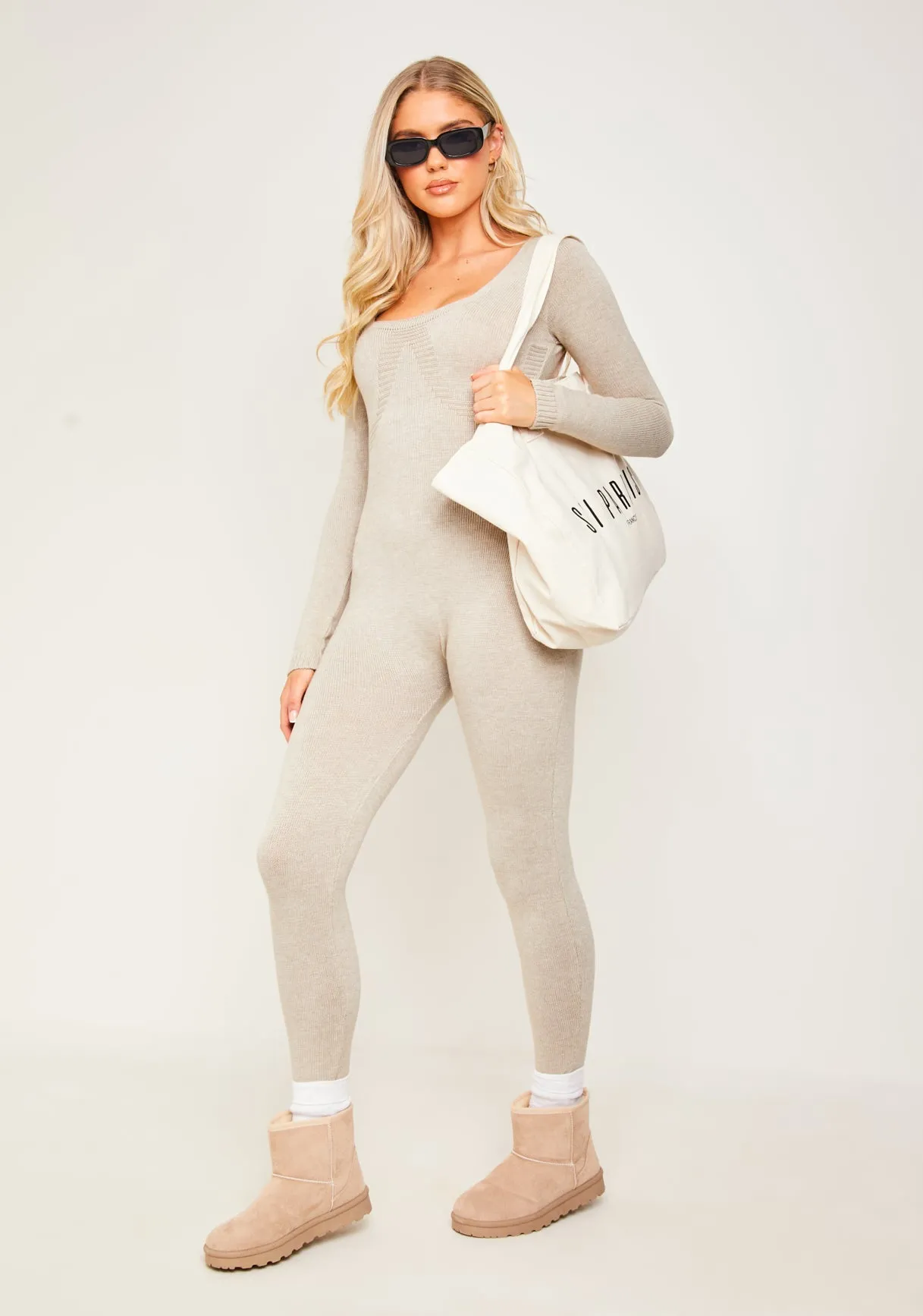 Savannah Oatmeal Knitted Long Sleeve Jumpsuit