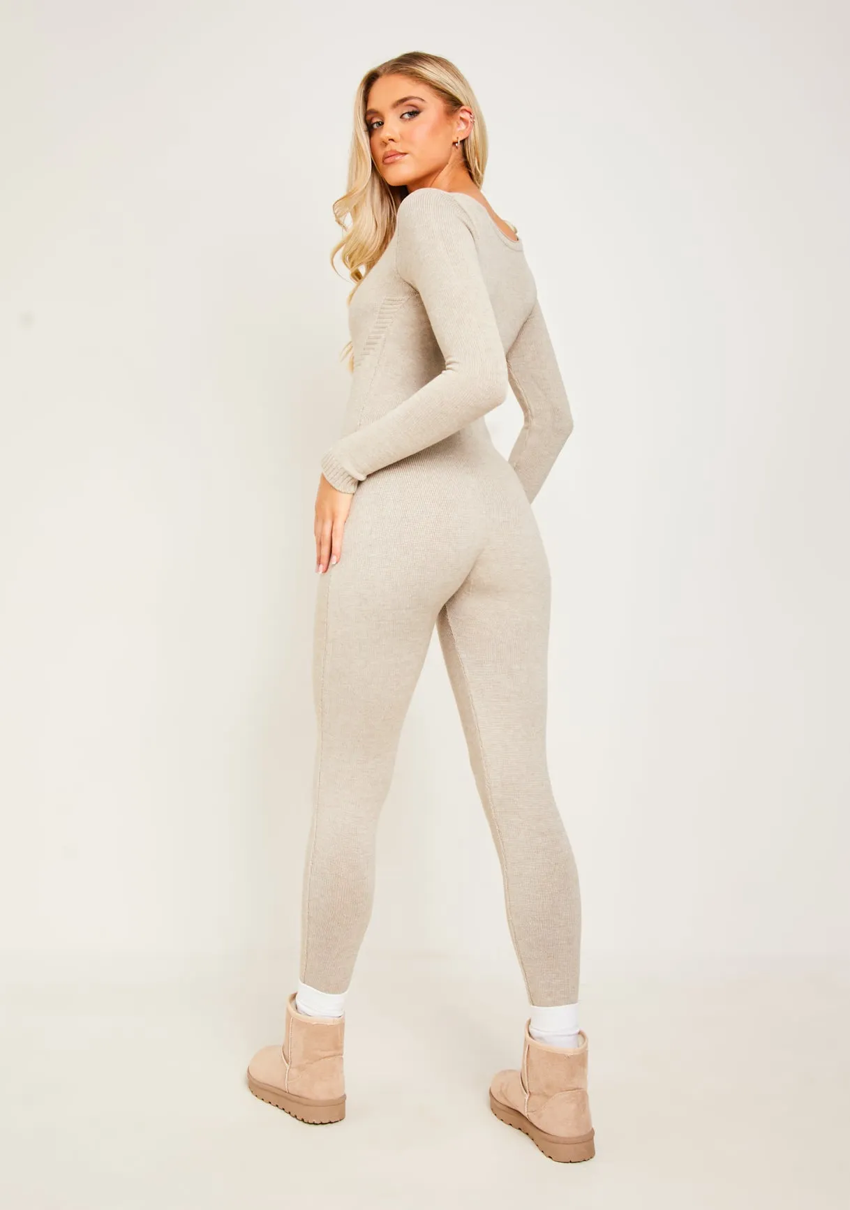 Savannah Oatmeal Knitted Long Sleeve Jumpsuit