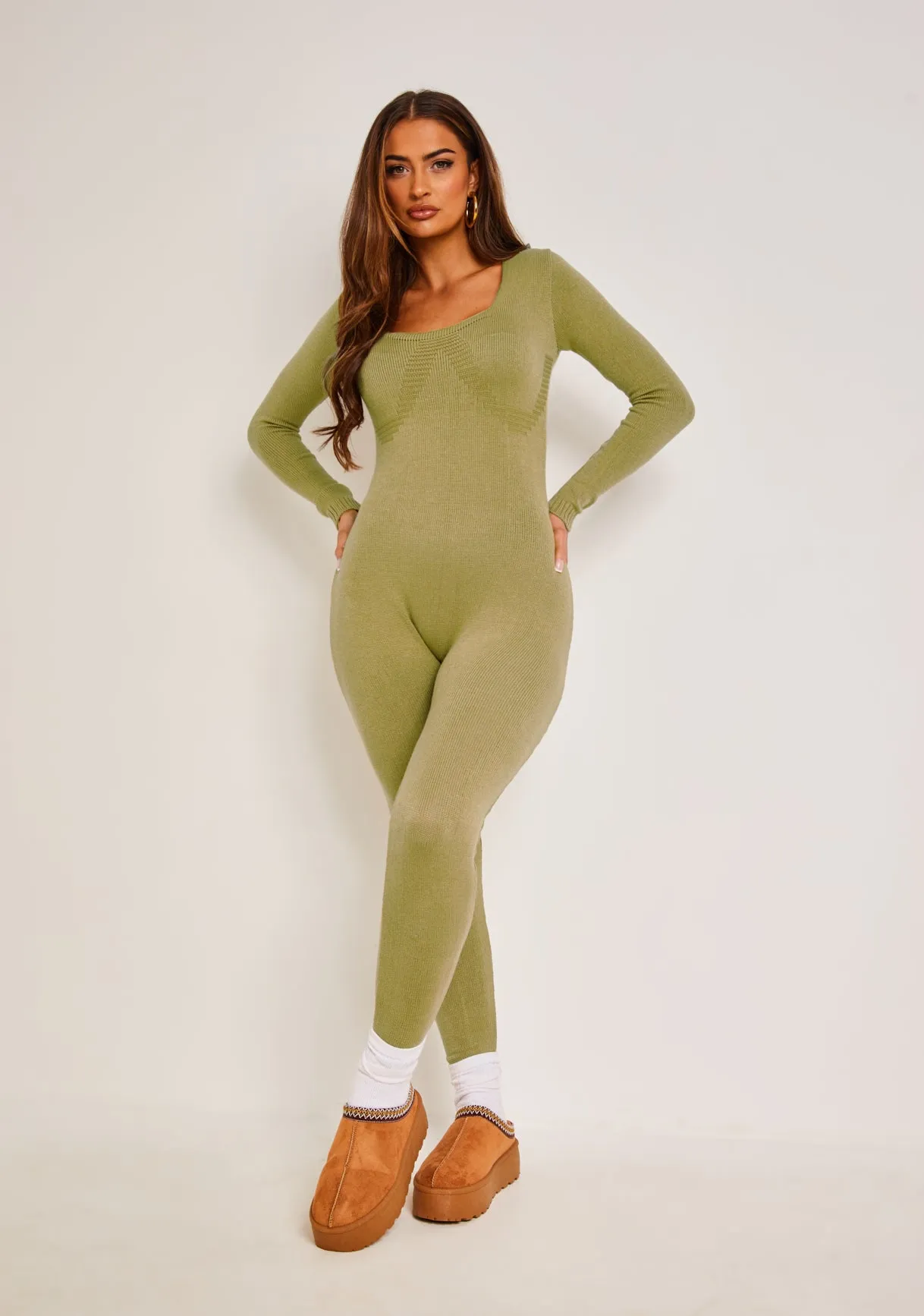 Savannah Olive Knitted Long Sleeve Jumpsuit