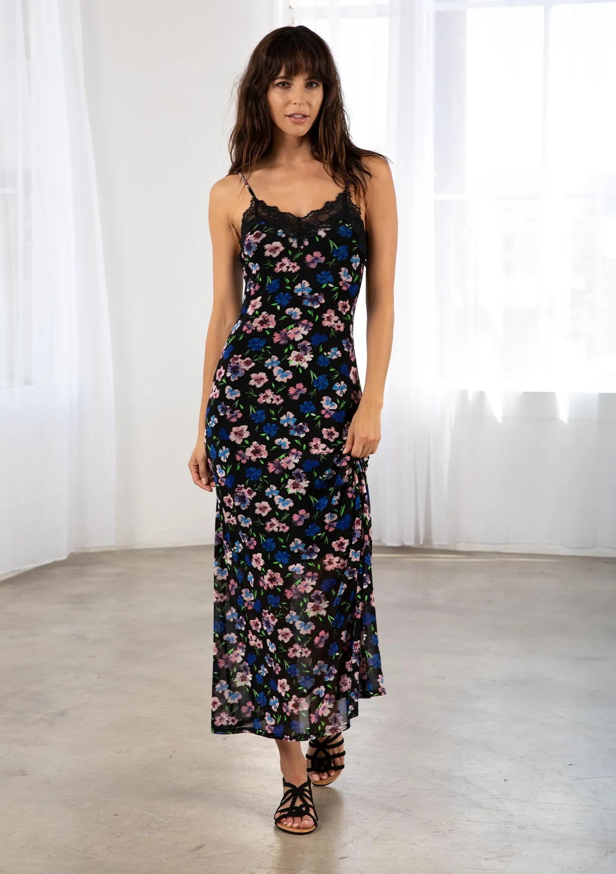 Sheer Mesh Floral Print Spaghetti Strap Maxi Dress