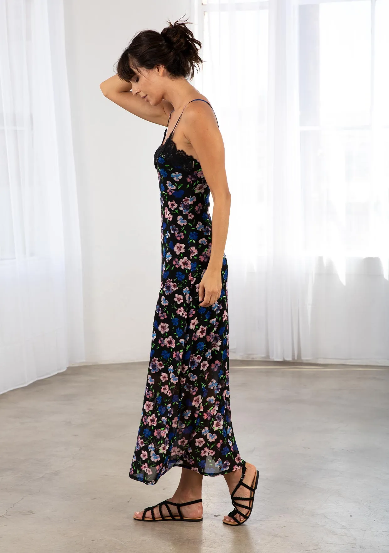 Sheer Mesh Floral Print Spaghetti Strap Maxi Dress