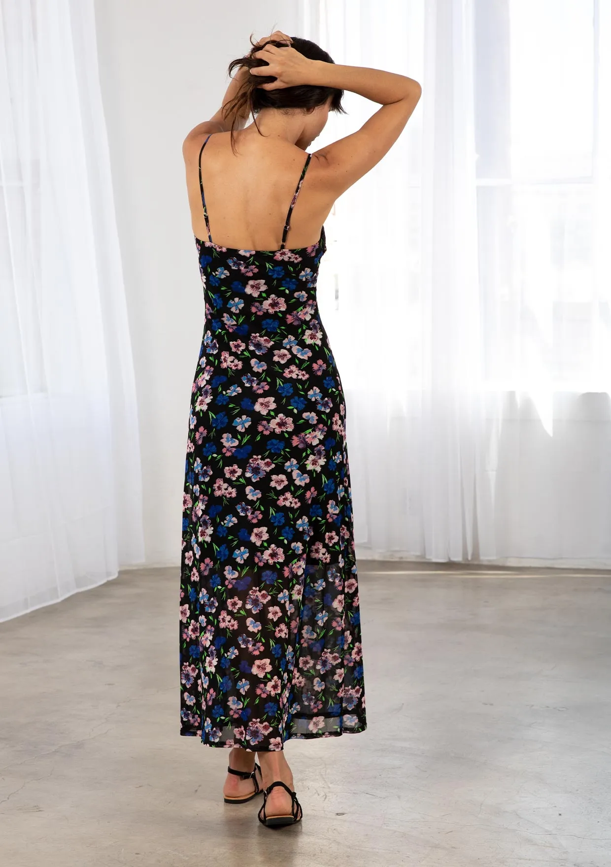 Sheer Mesh Floral Print Spaghetti Strap Maxi Dress