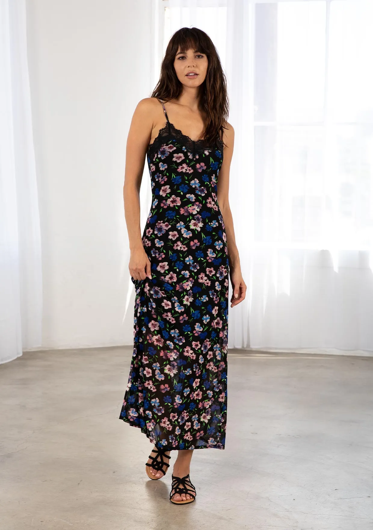 Sheer Mesh Floral Print Spaghetti Strap Maxi Dress