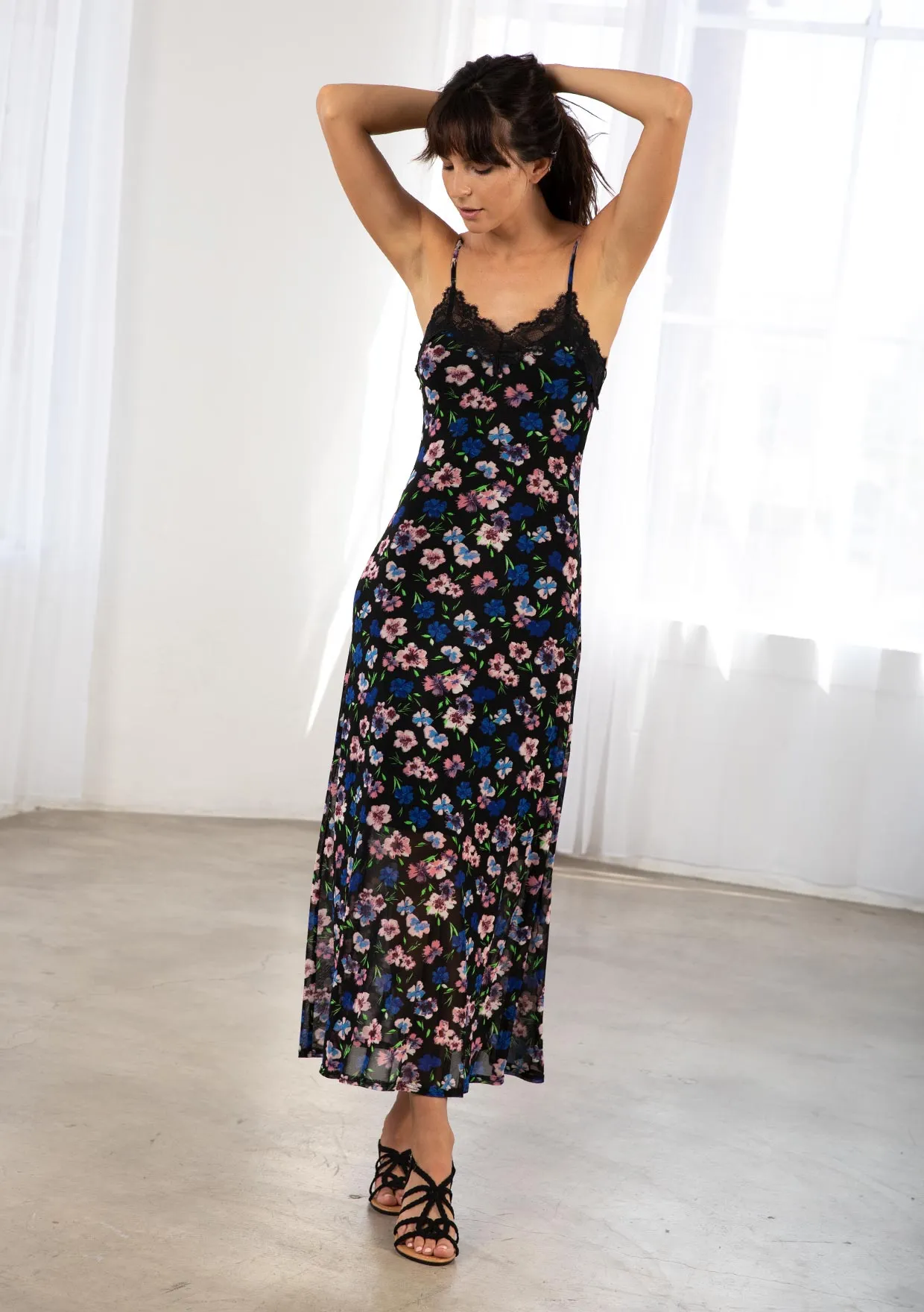 Sheer Mesh Floral Print Spaghetti Strap Maxi Dress