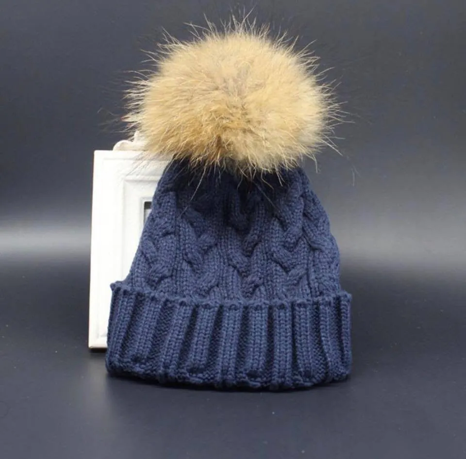 Stylish Winter Free Size 6Colors Warm Fur Knitting Wool Ski Beanie Raccoon Pom  Hat For Women
