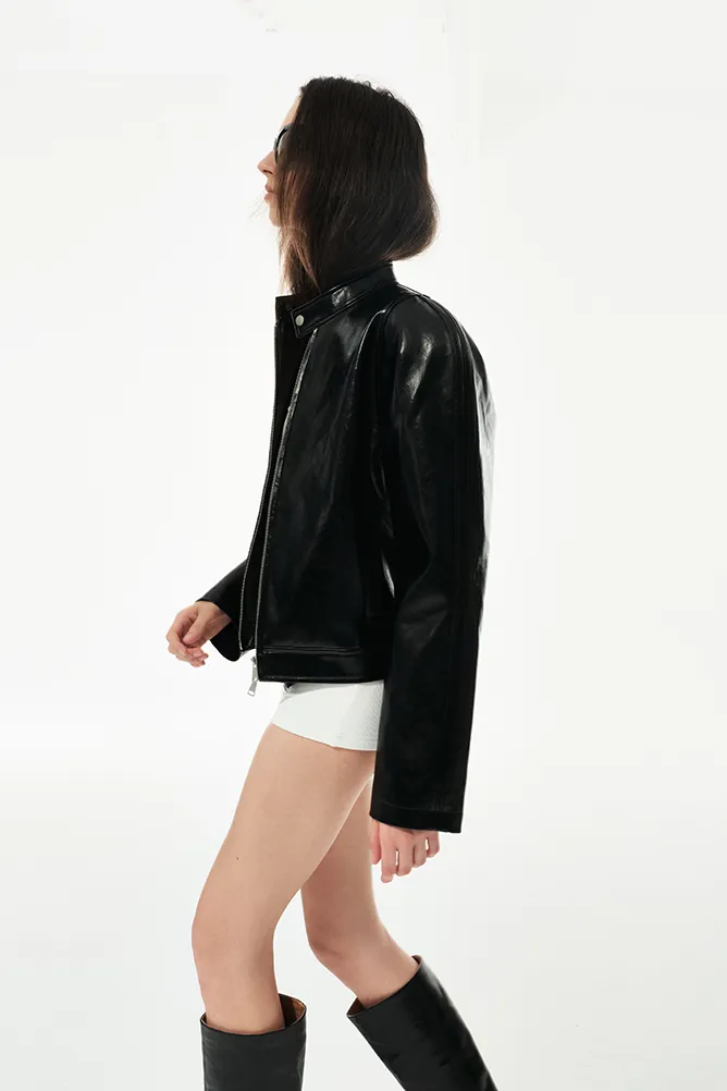 Unisex Cropped Faux-leather Moto Jacket