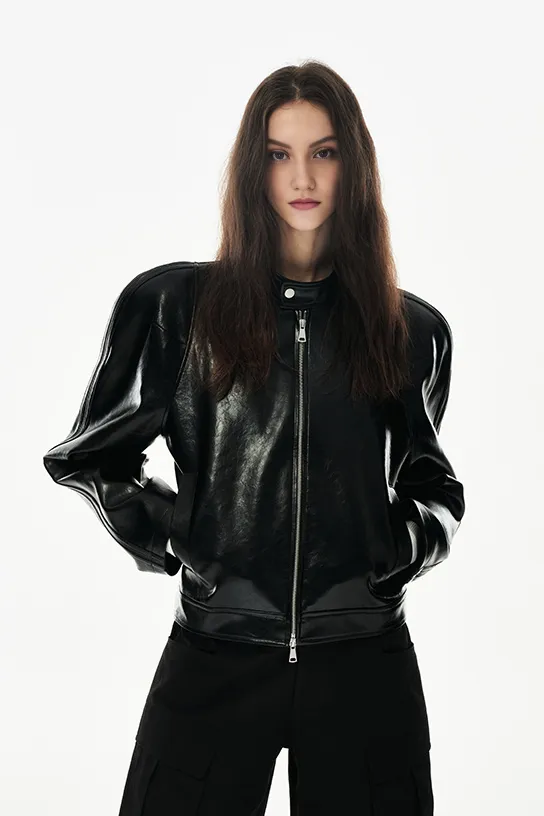 Unisex Cropped Faux-leather Moto Jacket