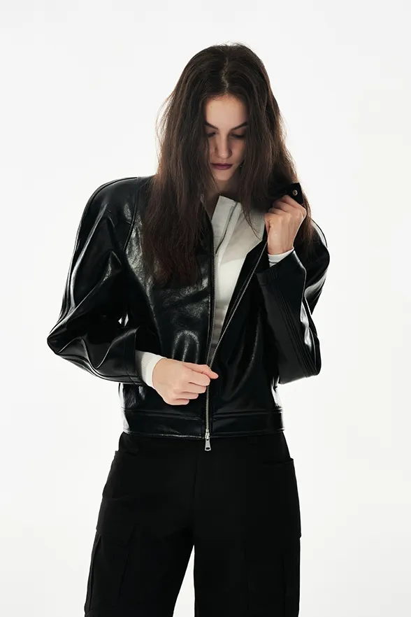 Unisex Cropped Faux-leather Moto Jacket