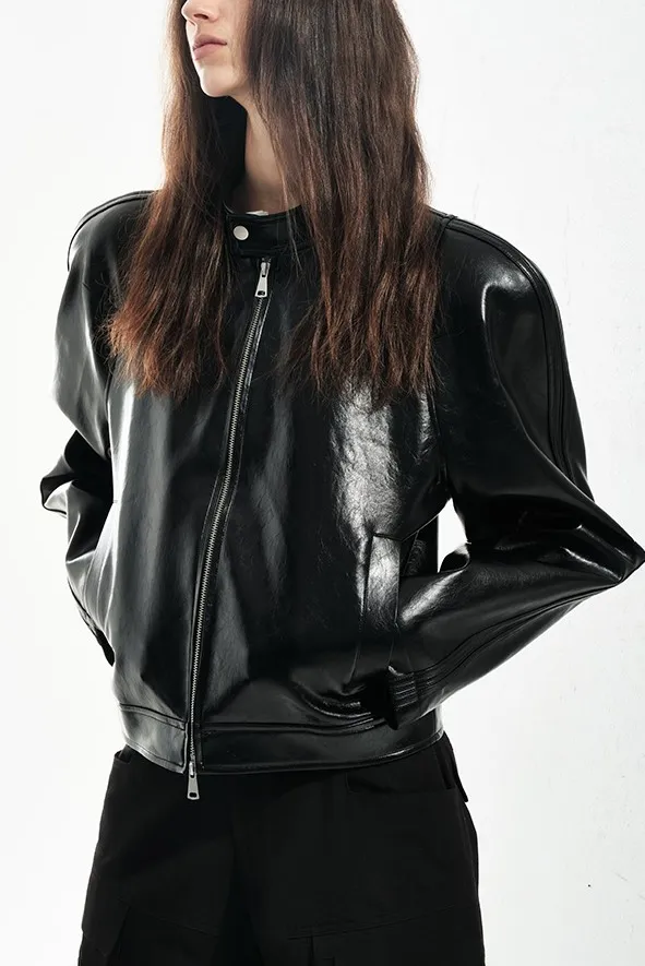 Unisex Cropped Faux-leather Moto Jacket