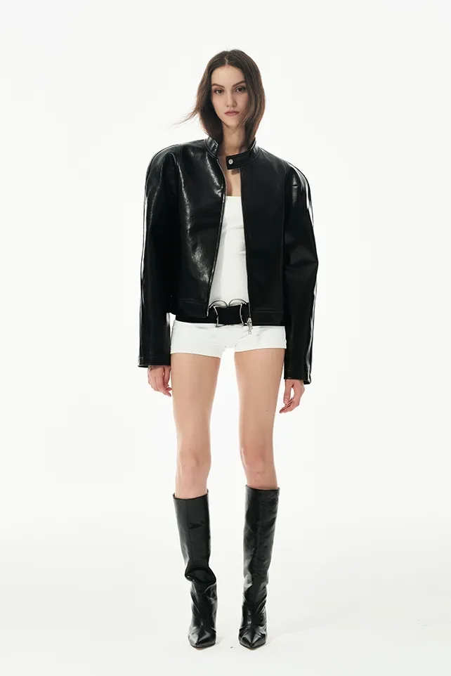Unisex Cropped Faux-leather Moto Jacket