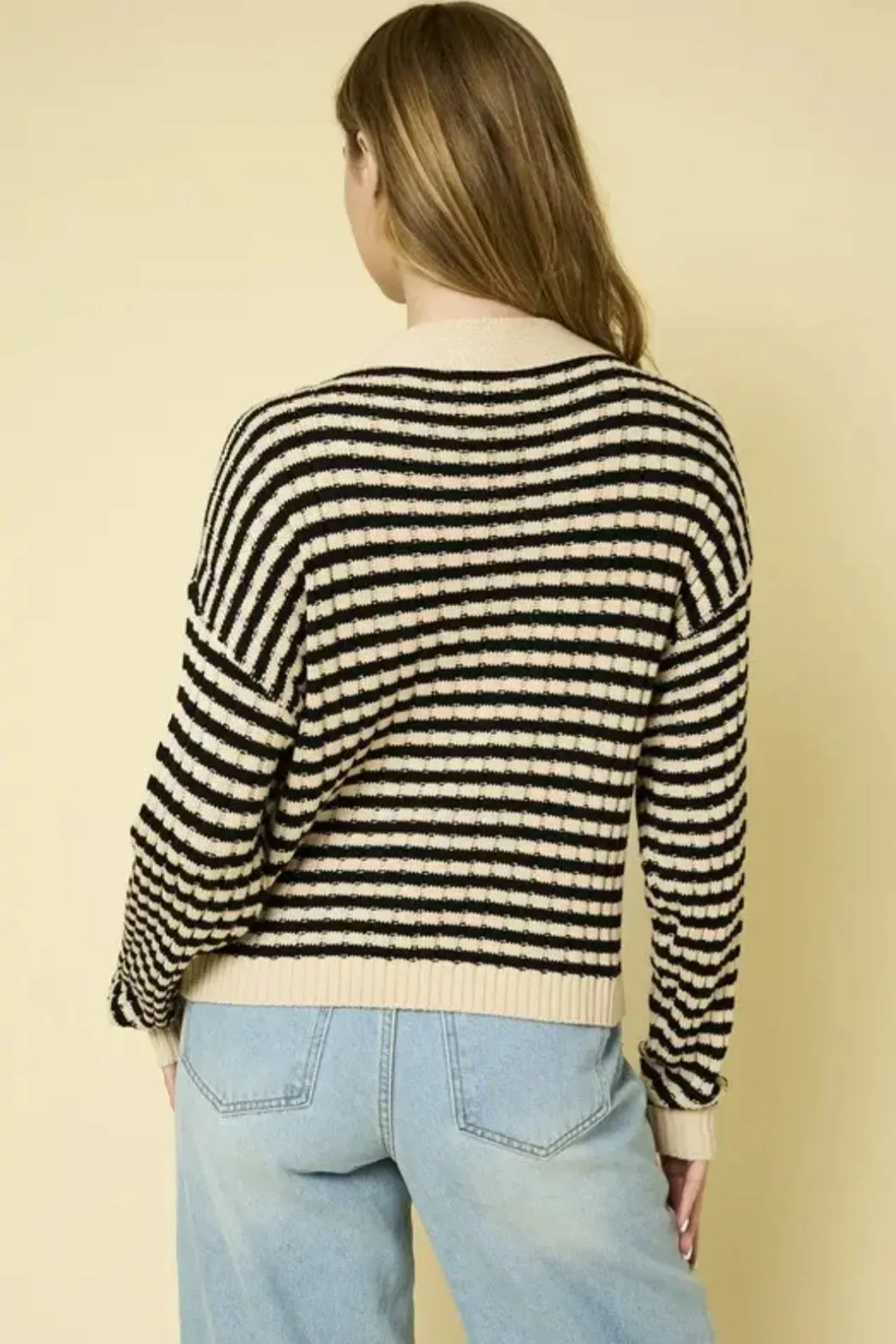 V-Neck Stripe Ribbed Crop Cardigan