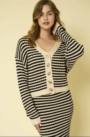 V-Neck Stripe Ribbed Crop Cardigan
