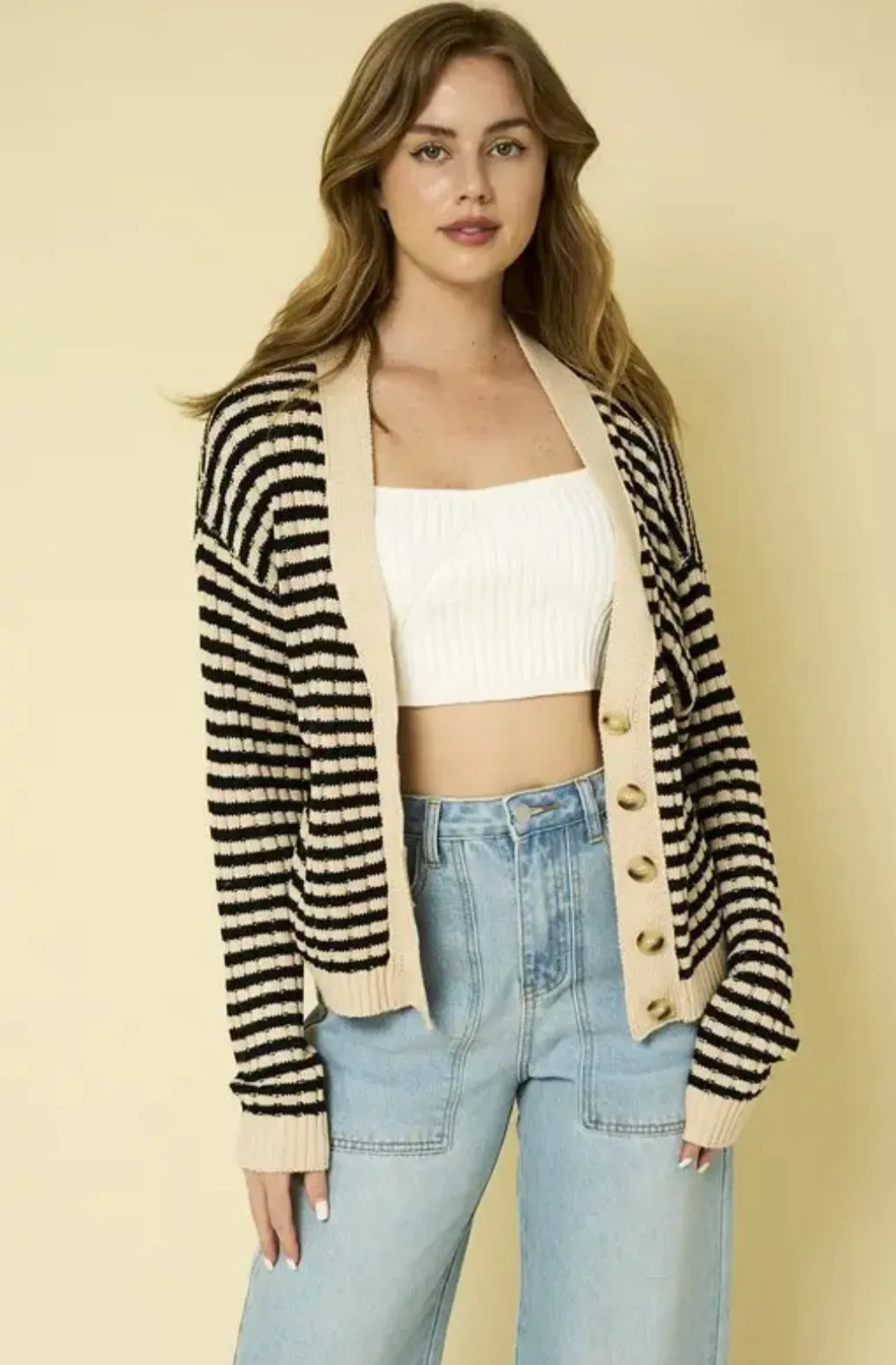 V-Neck Stripe Ribbed Crop Cardigan
