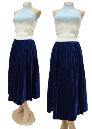 Vintage Cobalt Blue Velvet Flared Midi Skirt