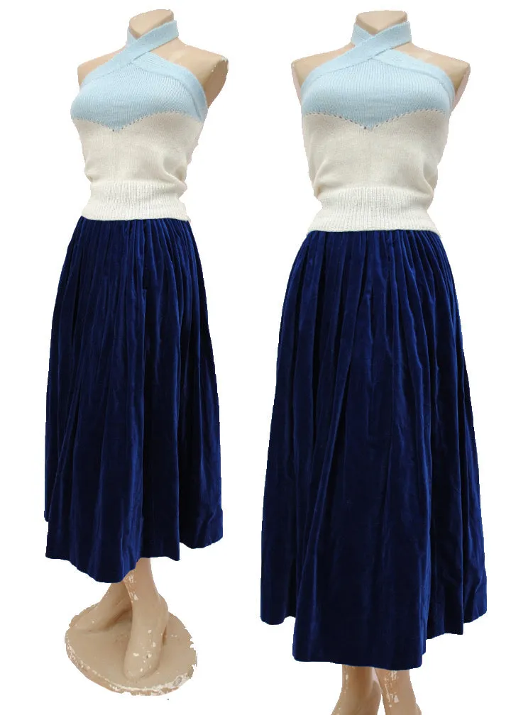 Vintage Cobalt Blue Velvet Flared Midi Skirt