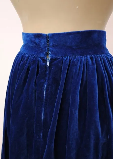 Vintage Cobalt Blue Velvet Flared Midi Skirt