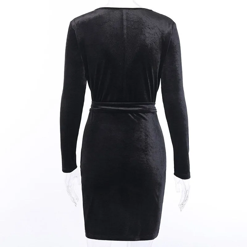 Women's Autumn V-Neck Bodycon Velvet Mini Dress With Belt