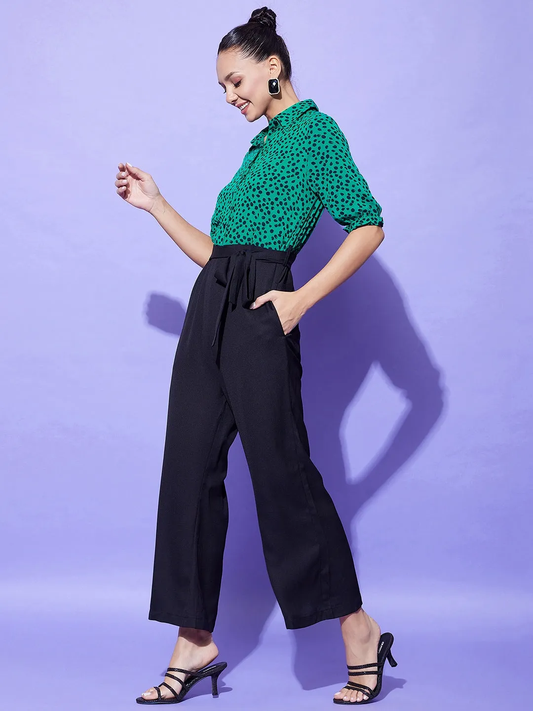 Women's Black And Green Polka Dot Jumpsuit - StyleStone