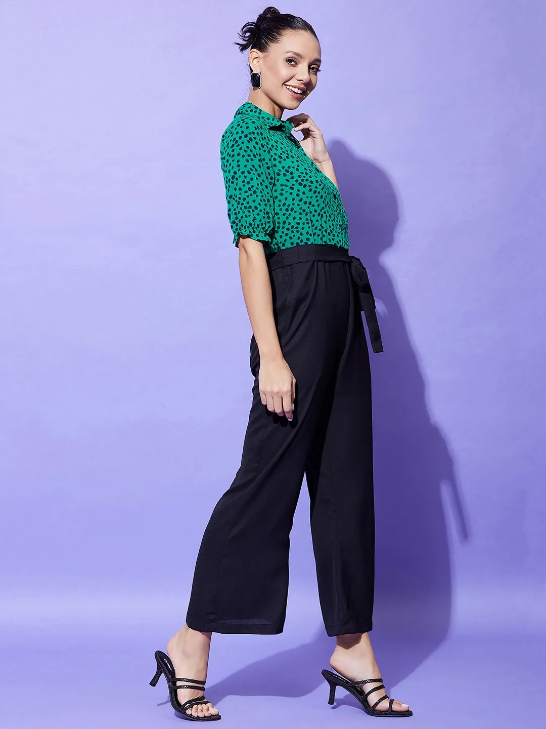 Women's Black And Green Polka Dot Jumpsuit - StyleStone