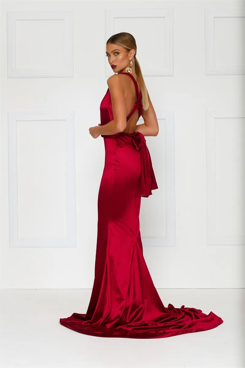 Women's Summer V-Neck Sheath Backless Satin Long Dress