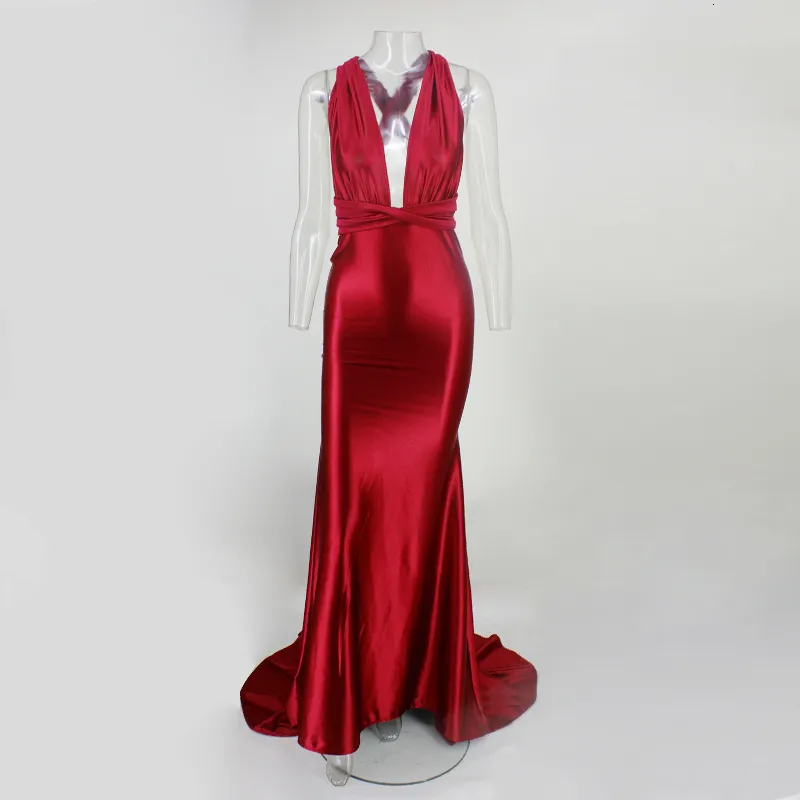 Women's Summer V-Neck Sheath Backless Satin Long Dress