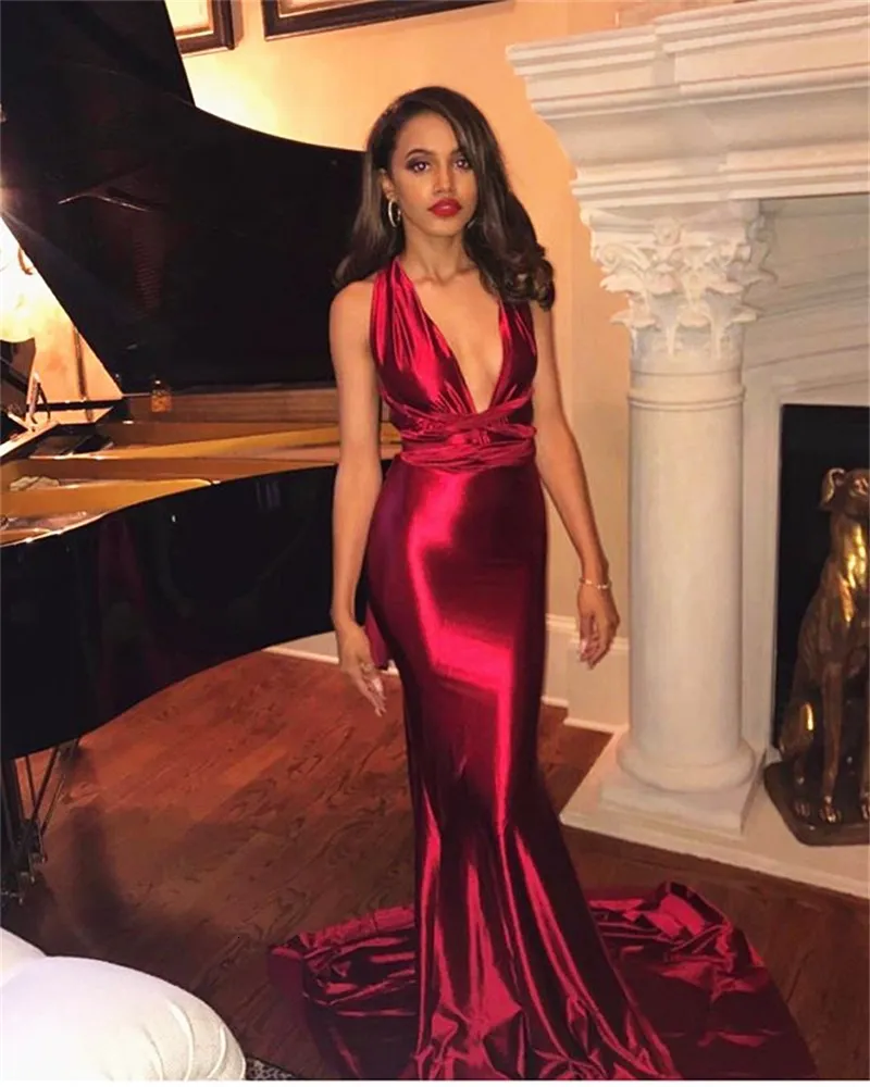 Women's Summer V-Neck Sheath Backless Satin Long Dress